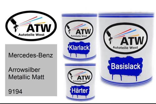 Mercedes-Benz, Arrowsilber Metallic Matt, 9194: 1L Lackdose + 1L Klarlack + 500ml Härter - Set, von ATW Autoteile West.